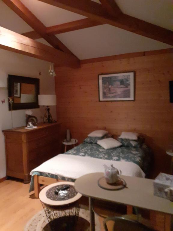 a bedroom with a bed and a table in it at Petit Paradis chez Pascale et Bernard in Cazouls-lès-Béziers