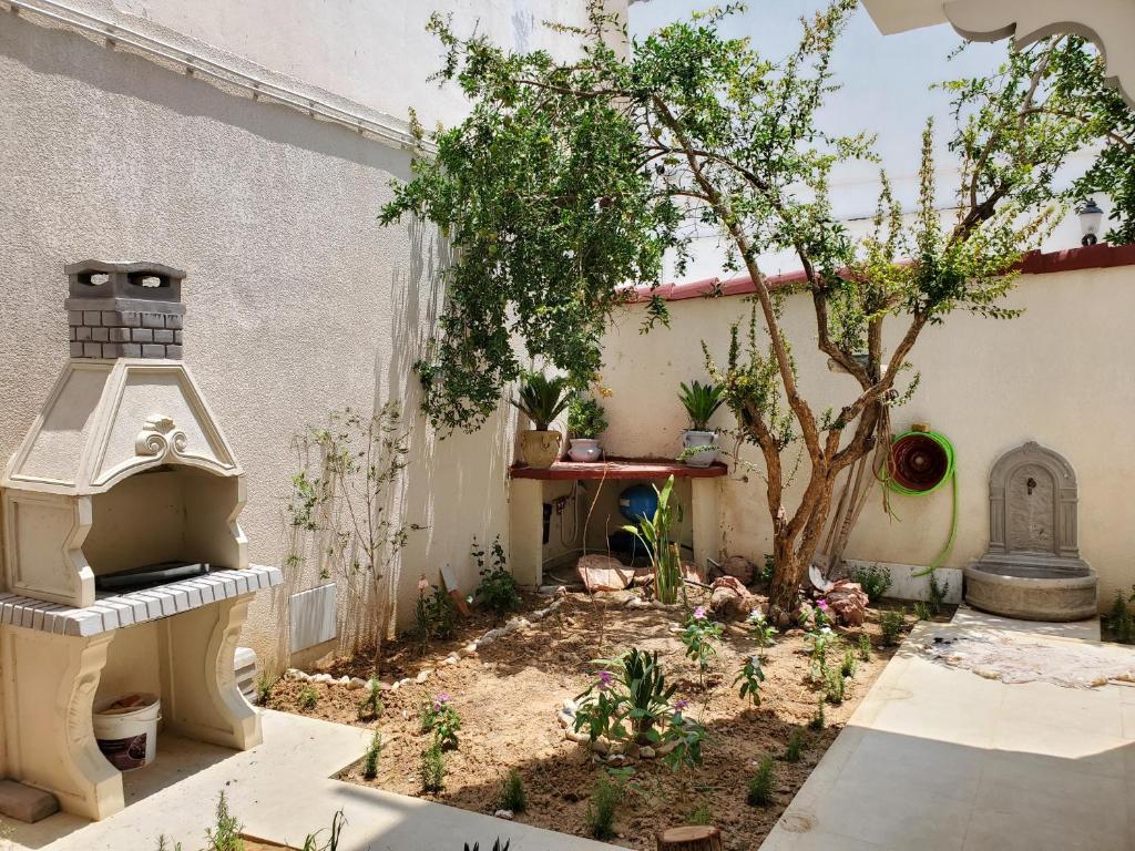 einen Garten mit einem kleinen Baum und einem Gebäude in der Unterkunft Omnia House in Monastir