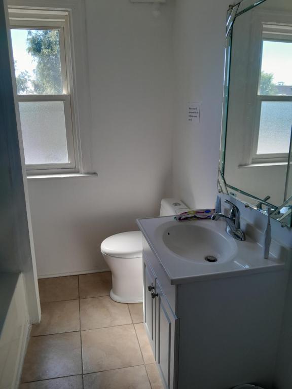 ein Badezimmer mit einem Waschbecken, einem WC und einem Spiegel in der Unterkunft Cozy place to rest in Hamilton