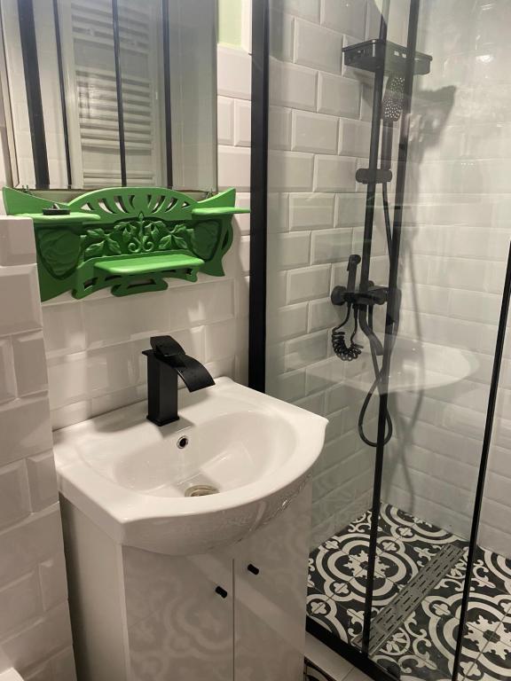 Un baño con lavabo blanco y ducha en Pensiunea Iona, en Baia Mare