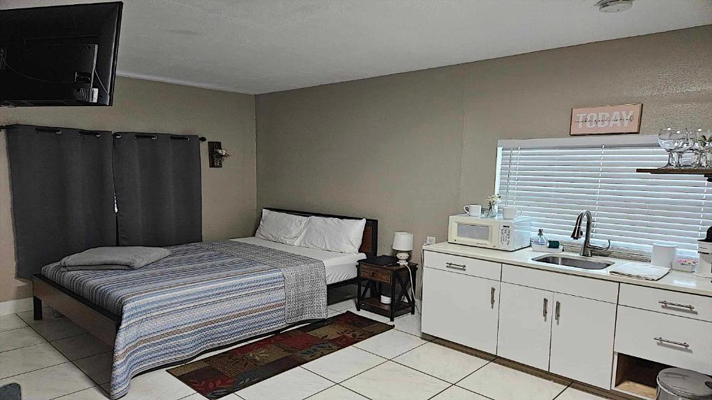 um pequeno quarto com uma cama e um lavatório em Green Castle Apartment in Tampa Near Airport and Busch Gardens em Tampa
