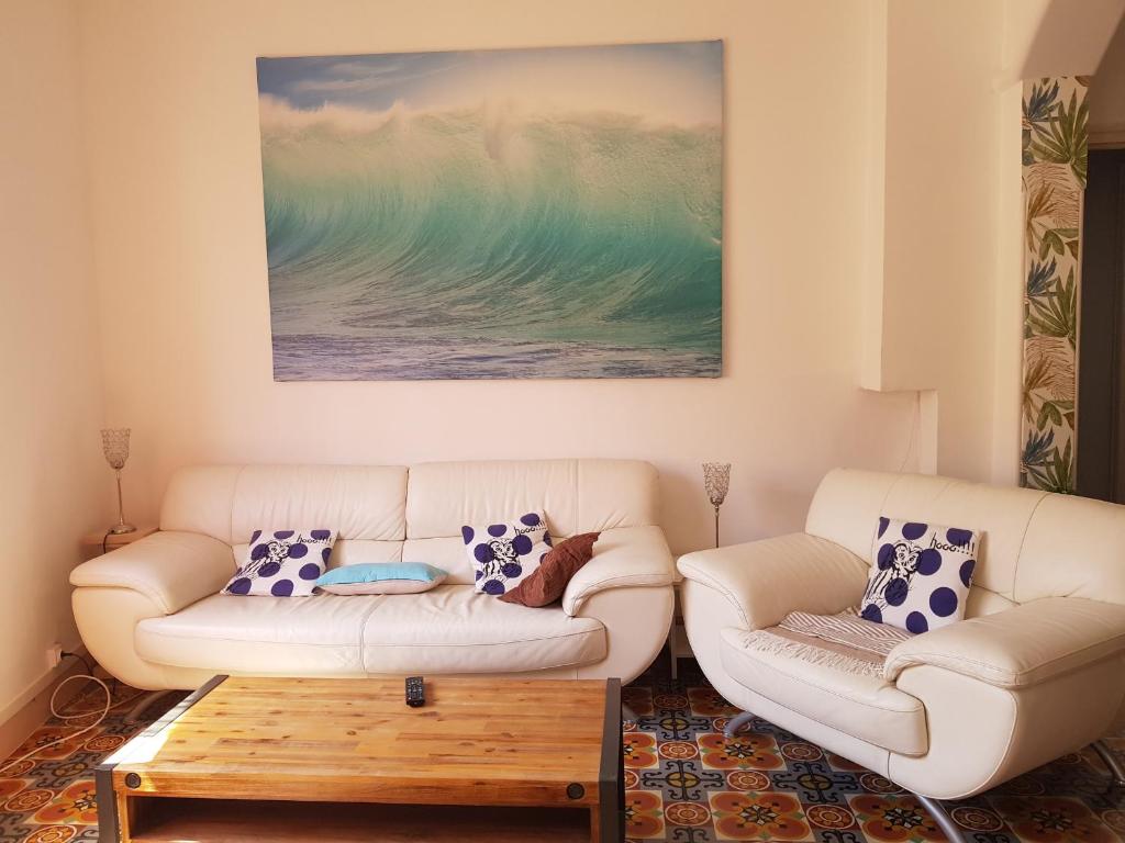 uma sala de estar com dois sofás e um quadro em Appartement Banyuls-sur-Mer, 3 pièces, 4 personnes - FR-1-309-380 em Banyuls-sur-Mer