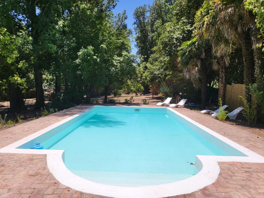 una piscina azul con árboles en el fondo en BABAJI Home en Villa Las Rosas