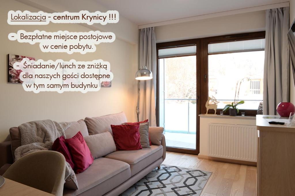 een woonkamer met een bank en een raam bij Apartamenty KORAL in Krynica Zdrój