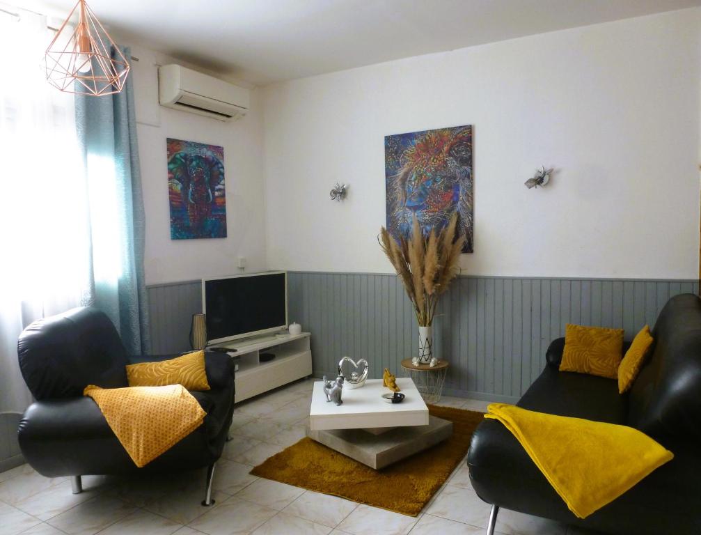 佩皮尼昂的住宿－Perpignan proche centre ville et des plages，客厅配有两张沙发和一台电视机
