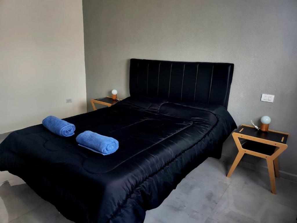 een zwart bed met twee blauwe kussens erop bij F&E Apartment in Necochea