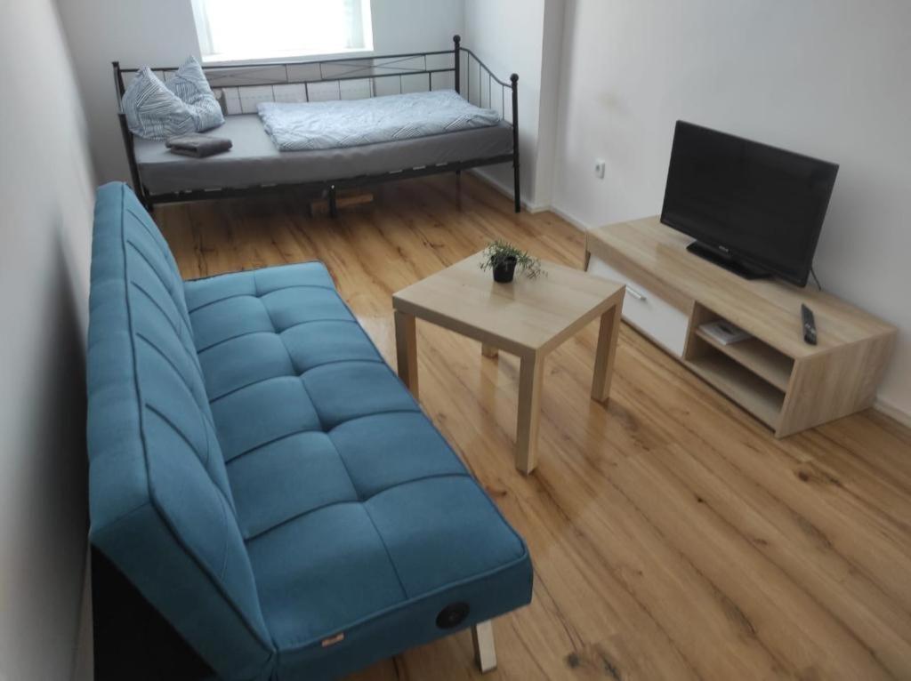 sala de estar con sofá y TV en Furnished apartments for employees with separate rooms, en Zeitz