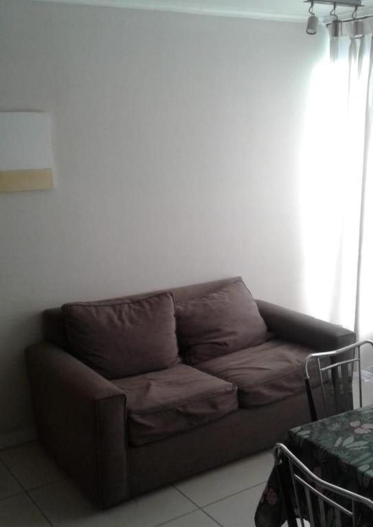 a brown couch in a living room with a window at El placer de hospedar in Santiago