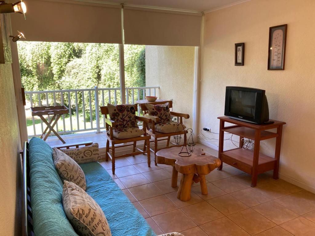 a living room with a couch and a tv at DEPARTAMENTO MARAVILLOSA VISTA A JARDINES BAHIA PELICANOS in Puchuncaví