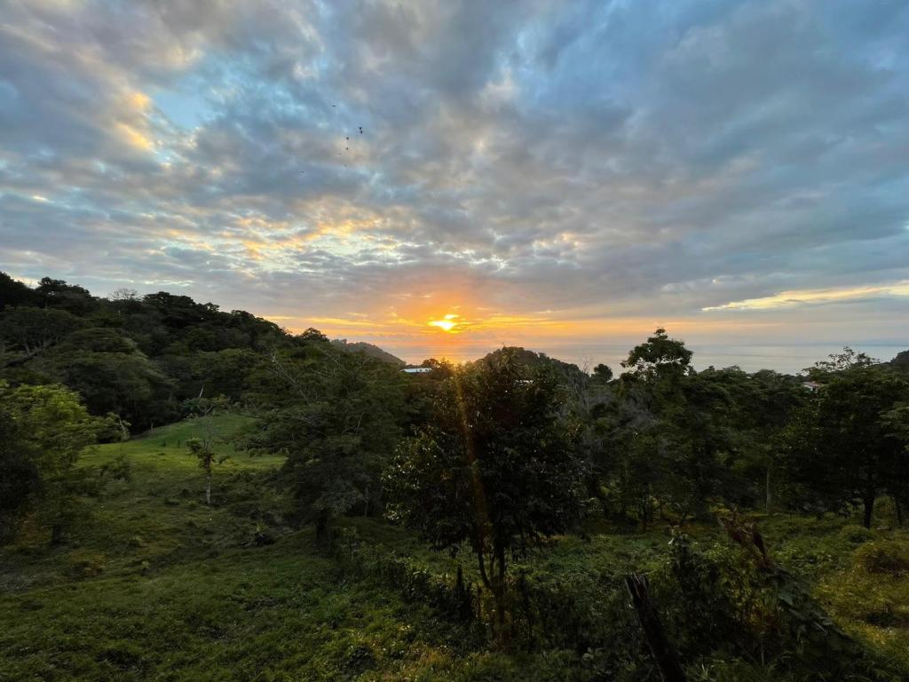 una puesta de sol en un campo con árboles y el cielo en Pura Natura Lodge Manuel Antonio, en Manuel Antonio