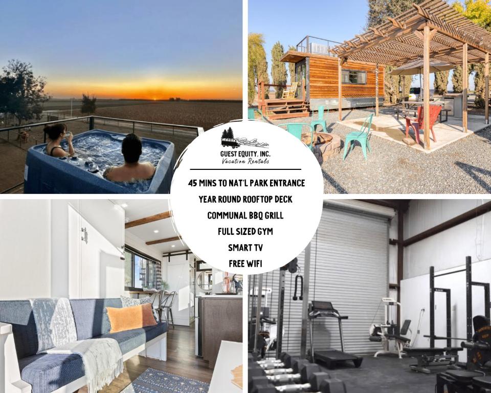 a collage of photos of a house with a pool at Tiny Cargo Home North in Tulare