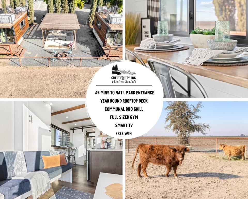 a collage of photos of a house with a cow at Two Tiny Homes on the Farm! in Tulare