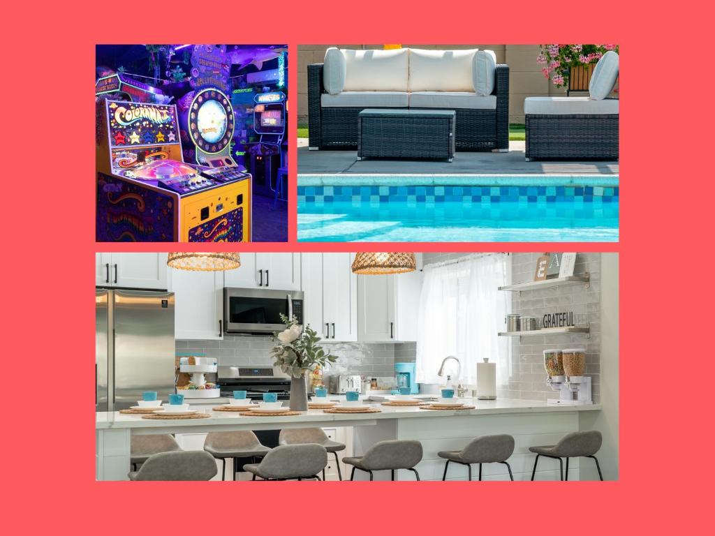 un collage de fotos de una cocina y una sala de estar en Underwater Voyage: Heated Pool, Arcade, more!, en Garden Grove