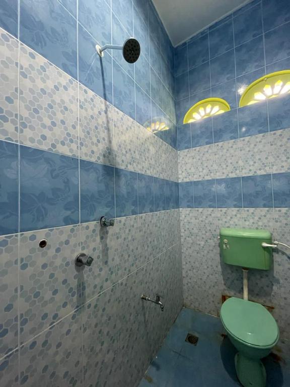 e bagno con servizi igienici verdi e doccia. di Motel Room @Merang a Kuala Terengganu