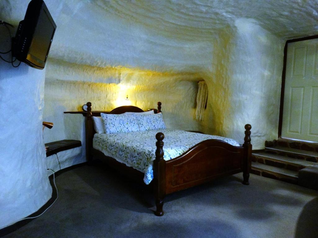 a bedroom with a bed and a tv on a wall at Di's Dugouts in Coober Pedy