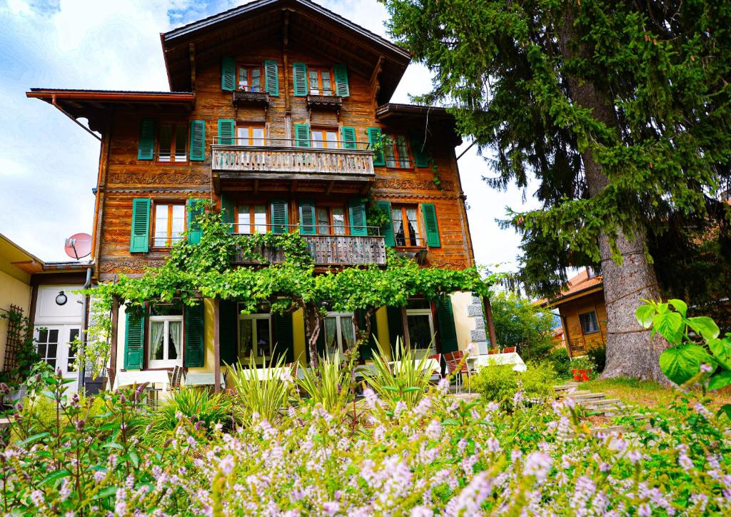 ein altes Haus mit einem Baum davor in der Unterkunft Edelweiss Lodge in Wilderswil