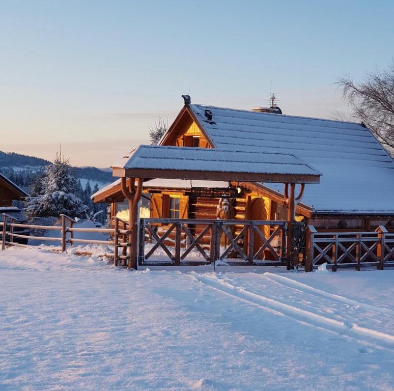 una cabaña de madera en la nieve con techo de pizarra en Nasza Chata, en Jaworzynka