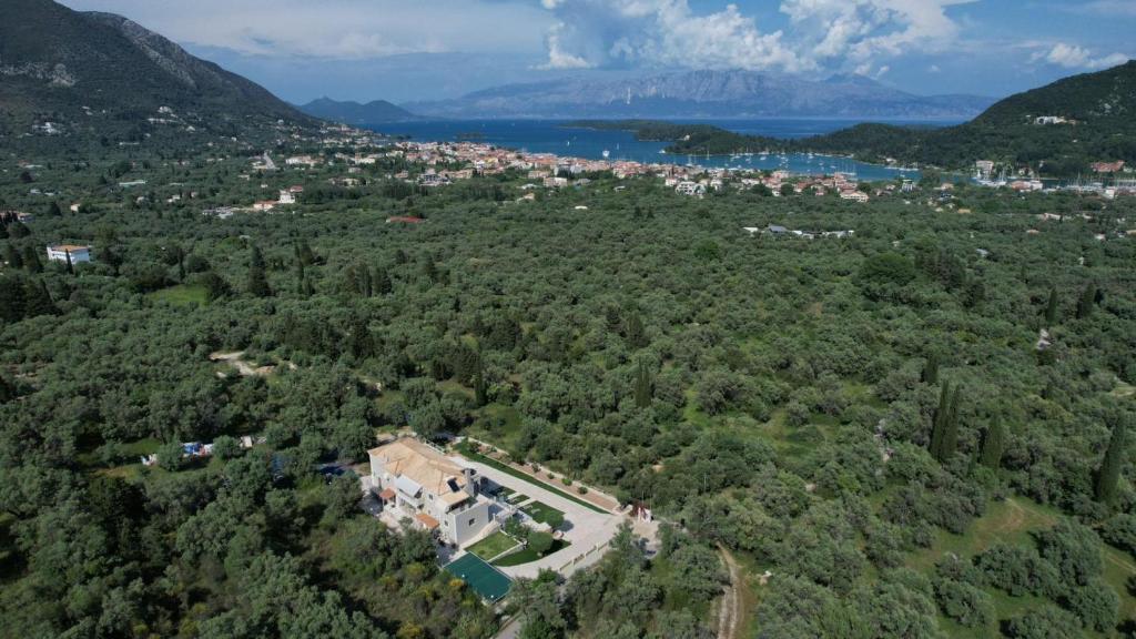 an aerial view of a house in the forest at Elpida Luxury Apartments Suites in Nydri