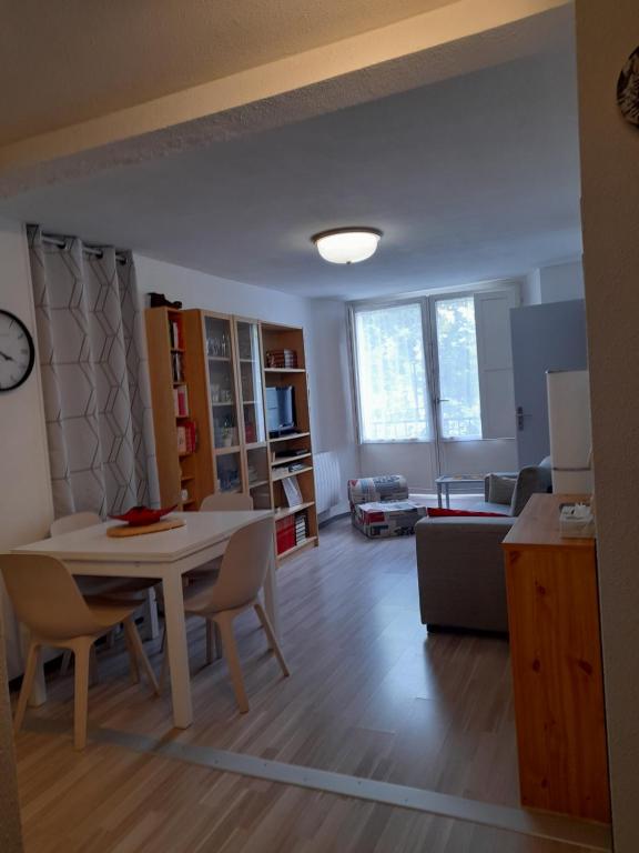 un salon avec une table, des chaises et un canapé dans l'établissement T2bis, HYPER CENTRE FACE LES THERMES, à Luchon