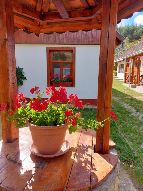 een pot rode bloemen op een houten veranda bij Rebeka Vendégház in Erdőhorváti