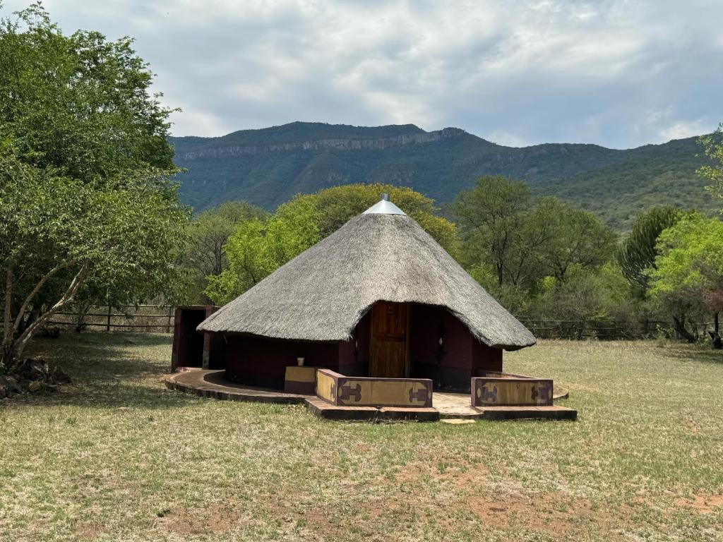 een kleine hut met een grasdak in een veld bij Zambalile@Blouberg Camp in Blouberg