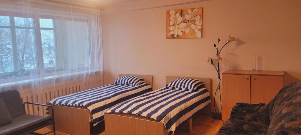 two beds in a room with a window at Hostel 4 in Šiauliai