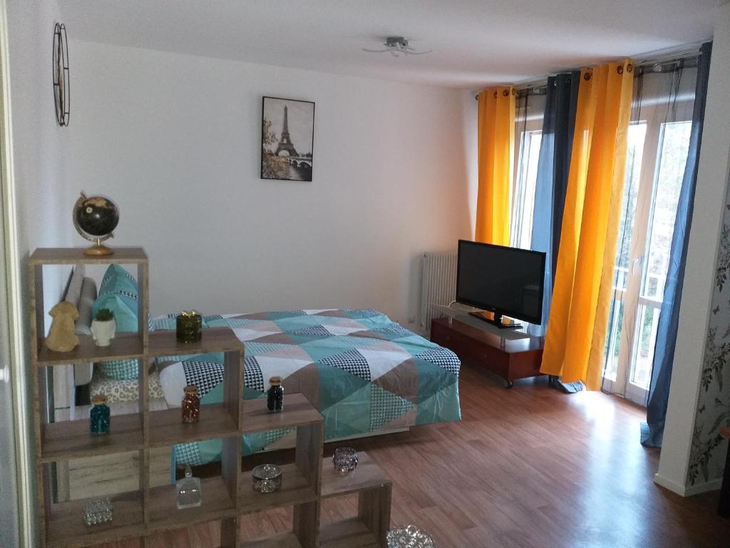 een slaapkamer met een bed en een flatscreen-tv bij Joli petit appartement in Charleville-Mézières