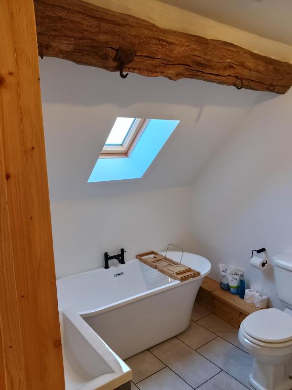 a bathroom with a tub and a toilet and a skylight at Sanctuary inn in Bolsover