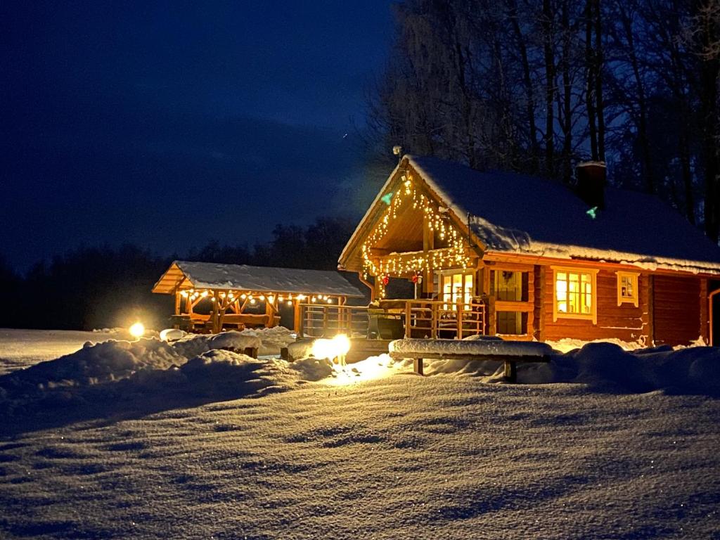 una cabaña cubierta de luces en la nieve por la noche en Järveoru en Aidaku