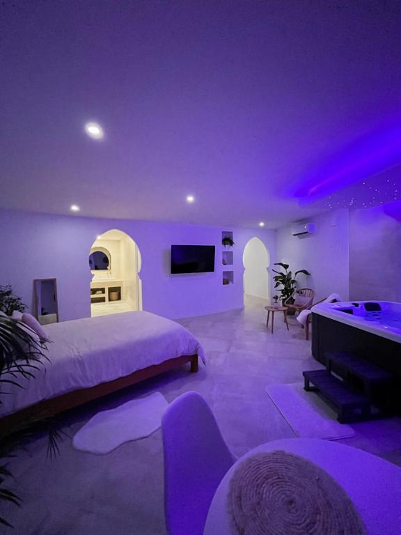 a bedroom with a bed and a tv and purple lighting at La Suite du clocher in Noves