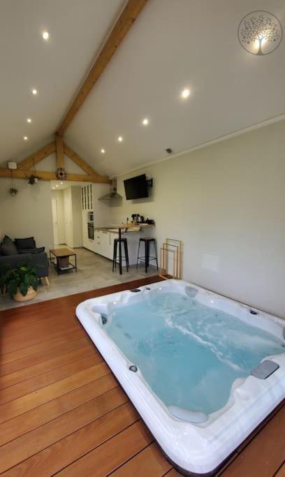 a large tub in a room with a living room at Guest house avec spa Jura , gîte du petit pommier 