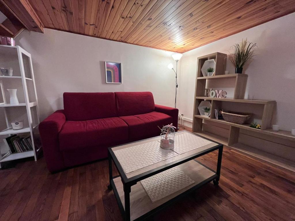 uma sala de estar com um sofá vermelho e uma mesa em Le Berriat YourHostHelper em Grenoble