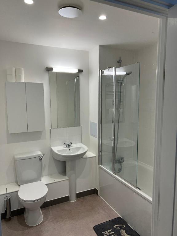 a bathroom with a toilet and a sink and a shower at Heyor’s place in Barking