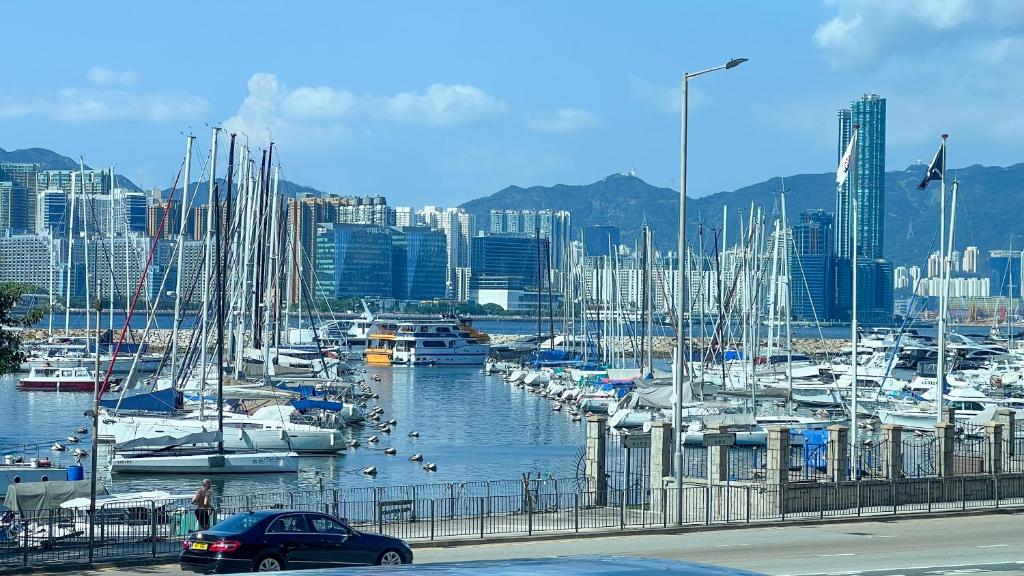 un grupo de barcos atracados en un puerto con una ciudad en Student Accommodation - 276 Gloucester Road, en Hong Kong