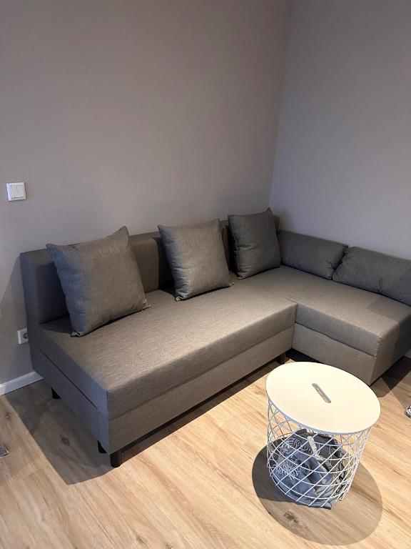 a living room with a couch and a table at Appartement 2 Birkenhof in Drolshagen