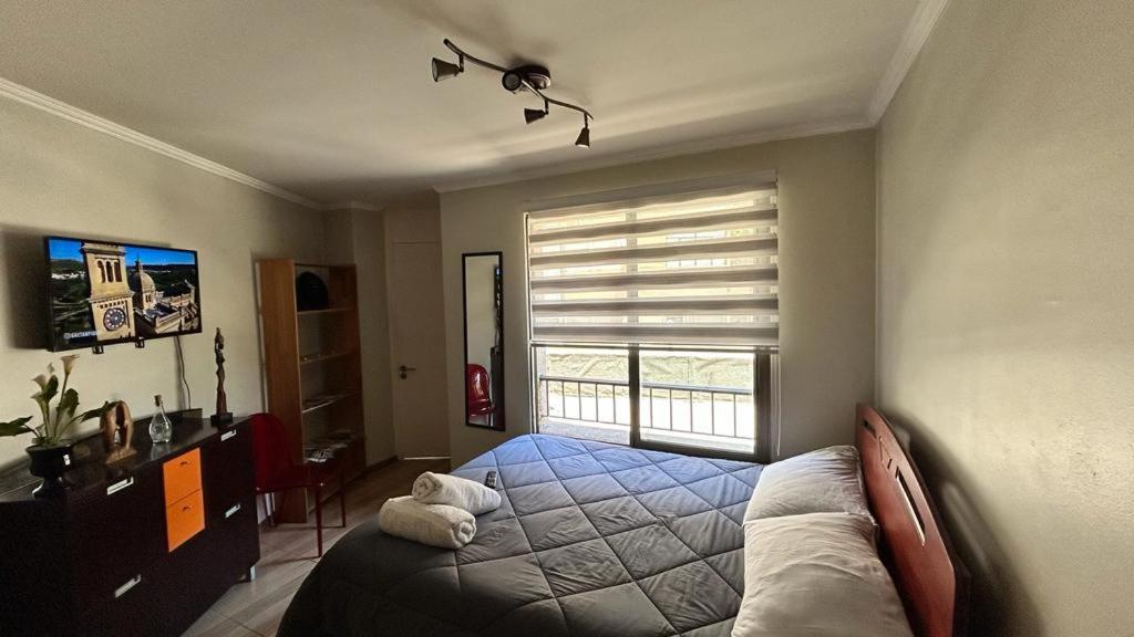a bedroom with a bed and a large window at Dpto acogedor en Lastarria in Santiago