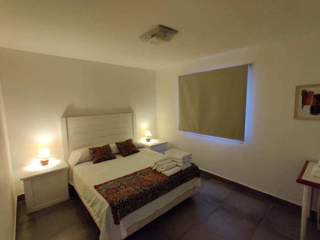 Ushuaia Ravines في أوشوايا: غرفة نوم بسرير مع مصباحين وشاشة