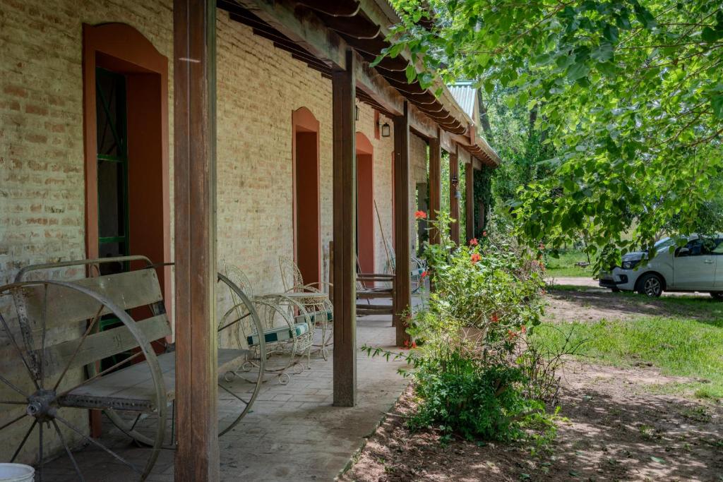 eine Veranda eines Gebäudes mit Stühlen und Bäumen in der Unterkunft La María Paloma in Capitán Sarmiento