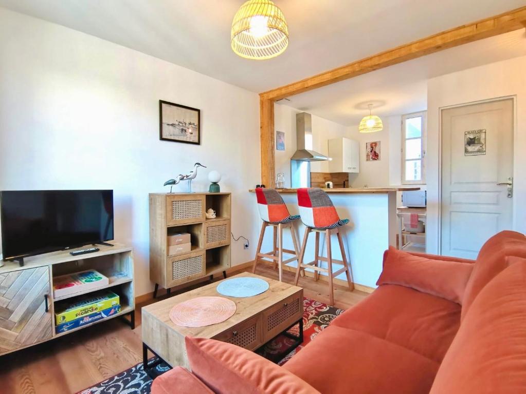 sala de estar con sofá y TV en Mignon et cosy à côté de la mer, en Mers-les-Bains