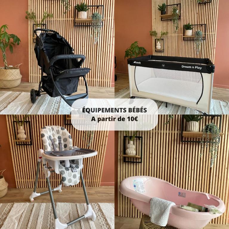 a collage of four pictures of a pink baby cradle and a pink chair at Les Dunes 1 in Sangatte