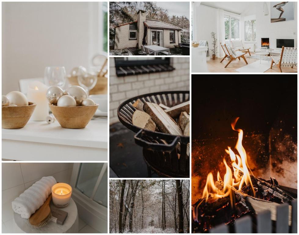eine Collage mit Fotos, einem Kamin und einer Feuerstelle in der Unterkunft Design Holiday Home in Ermelo
