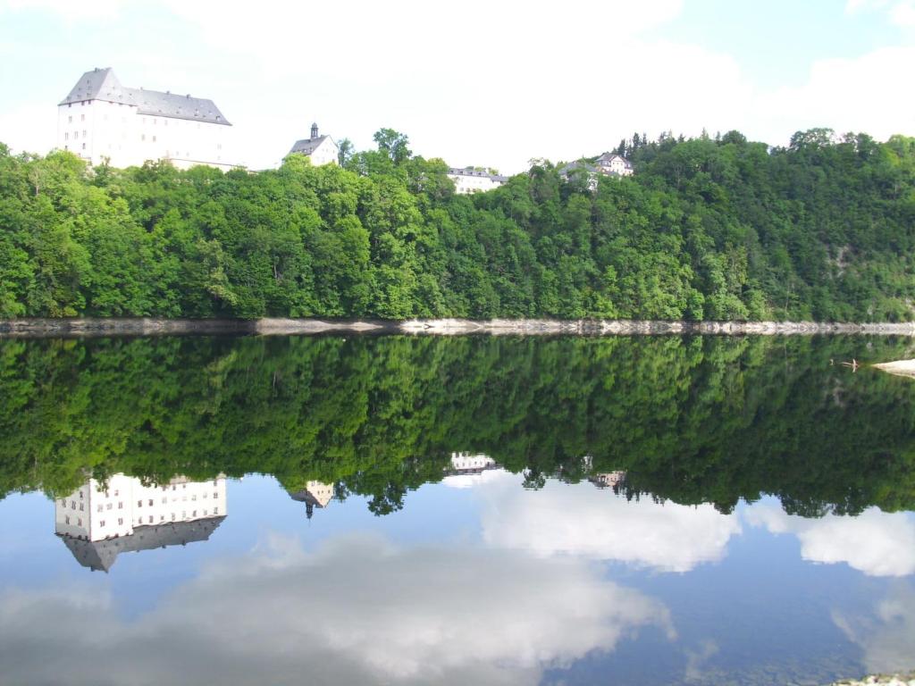een weerspiegeling van bomen in het water van een meer bij Schlossblick keine Montagewohnung 