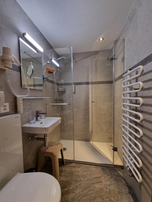 a bathroom with a shower and a sink and a toilet at Self-Service Guesthouse Berggeist in Saas-Fee