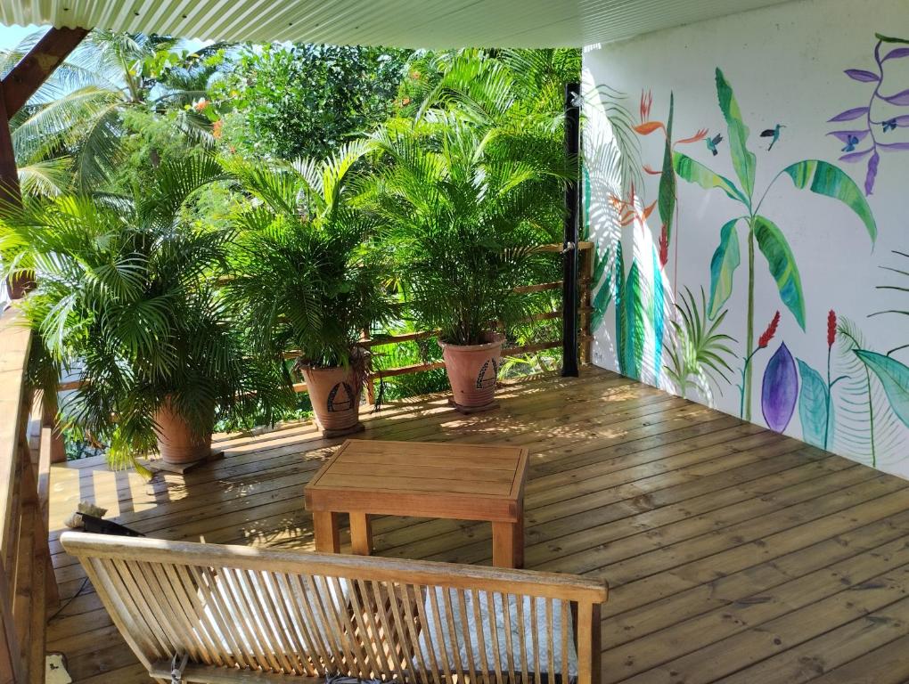 une terrasse en bois avec des plantes en pot et un banc dans l'établissement Villa-Coco, à Grand-Bourg