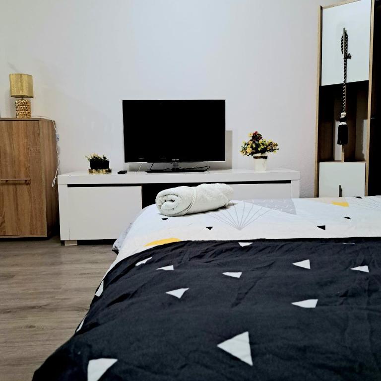 a bedroom with a bed with a tv on it at Apartament spatios - zona UTA in Arad