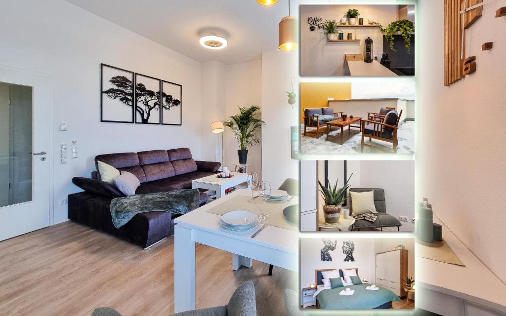 a living room with a couch and a table at WiLUKA Penthouse mit großer Dachterasse nachhaltig eingerichtet Netflix in Limburg an der Lahn