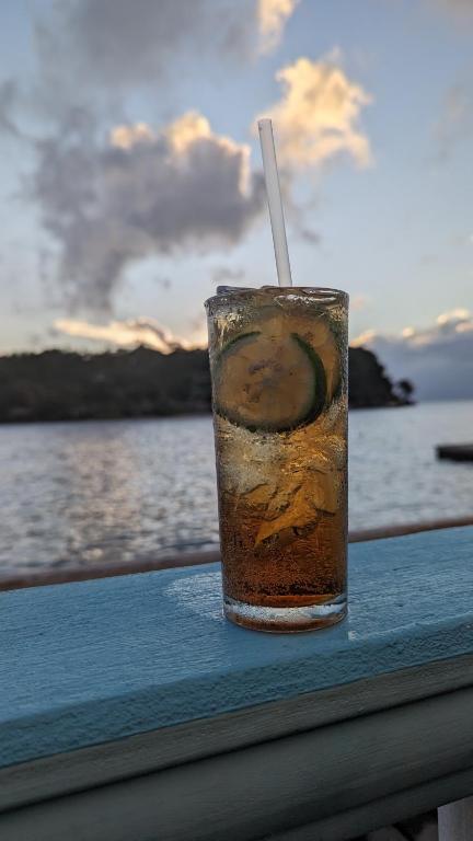 a drink sitting on a table next to the water at Basil At Villa in Arnos Vale