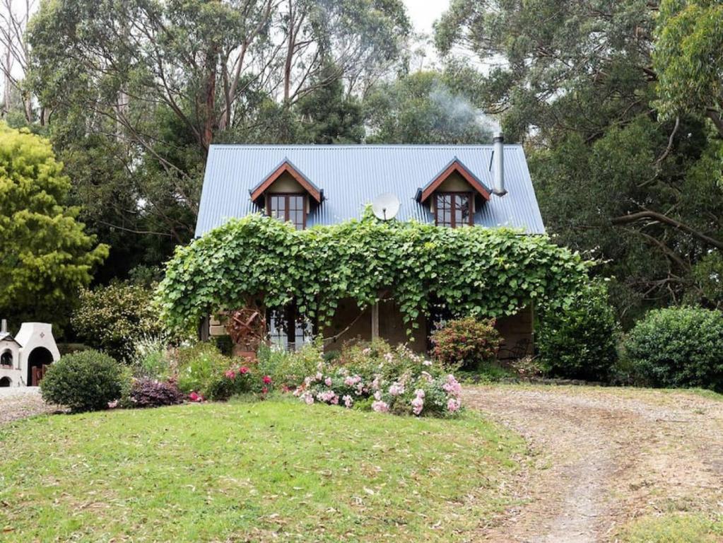 a house with ivy on the side of it at Hideaway Cottage - Secluded Retreat - Pet Friendly in Apollo Bay