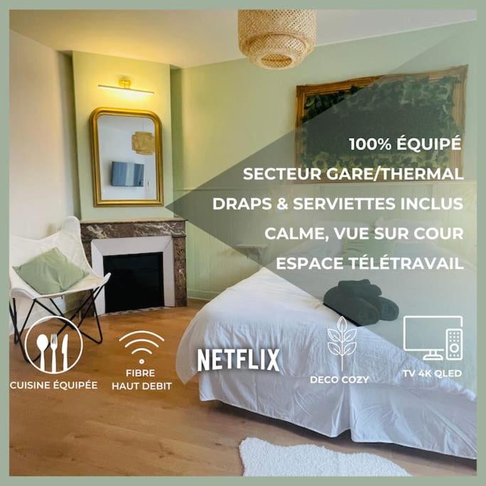 a poster of a bedroom with a bed and a mirror at Nancy Thermal/Gare - Appartement élégant & cosy in Nancy