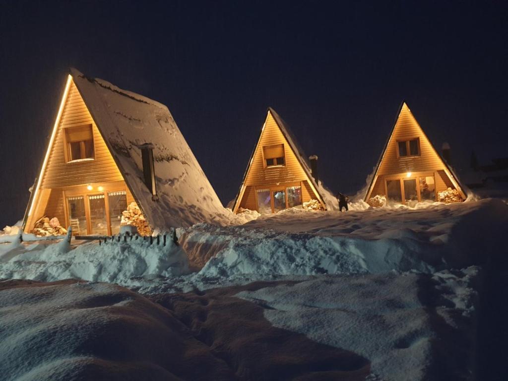 a house in the snow at night at Three Houses in Žabljak